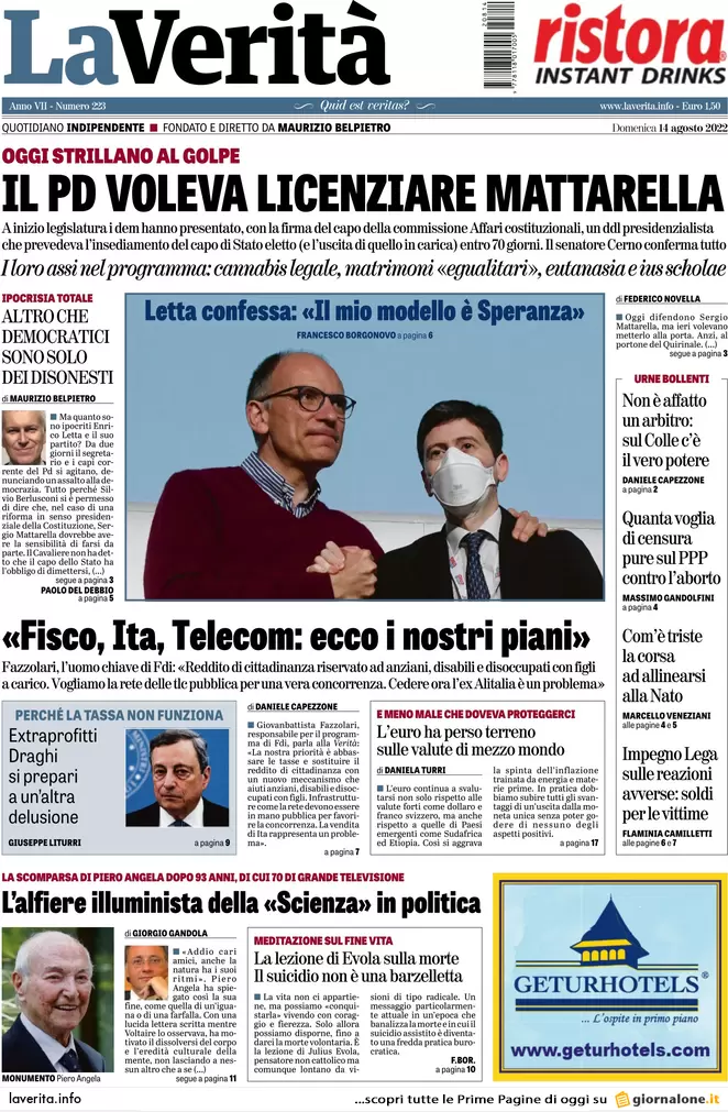 Prime pagine giornali 14 agosto 2022. Europa-lavoro, sfida tra Meloni e Letta
