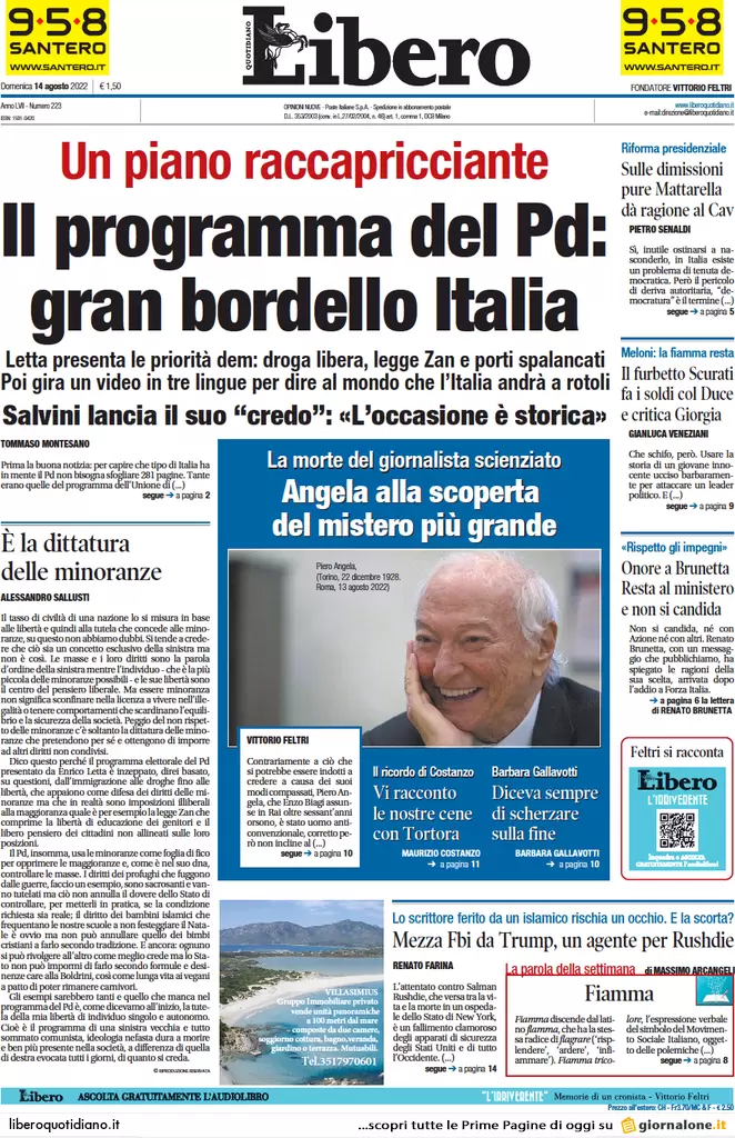 Prime pagine giornali 14 agosto 2022. Europa-lavoro, sfida tra Meloni e Letta