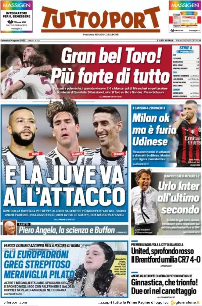 Prime pagine giornali 14 agosto 2022. Europa-lavoro, sfida tra Meloni e Letta