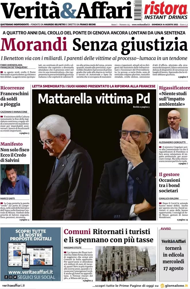 Prime pagine giornali economici 14 agosto. Manovra, mancano 25 miliardi
