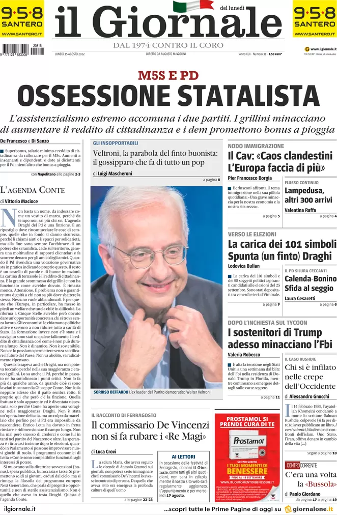 Prime pagine giornali 15 agosto 2022. Voto all’estero truccato: ecco le mail