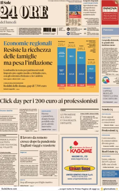 Prime pagine giornali economici 15 agosto. Professionisti, 200 € con click day