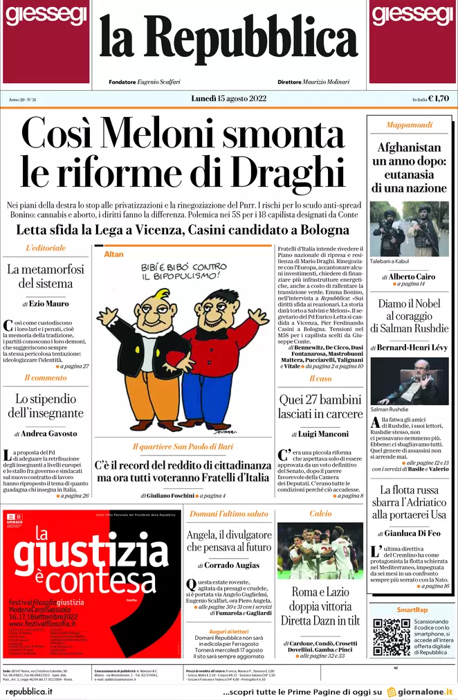 Prime pagine giornali 15 agosto 2022. Voto all’estero truccato: ecco le mail