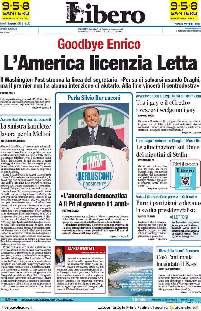 Prime pagine giornali 15 agosto 2022. Voto all’estero truccato: ecco le mail