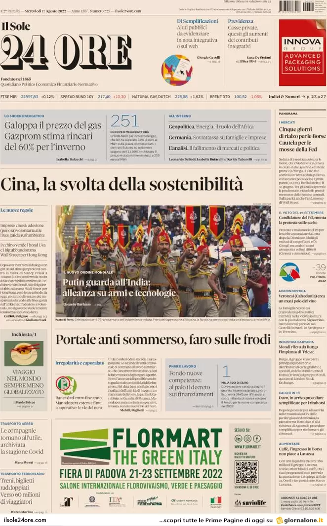 Prime pagine giornali 17 agosto 2022. Conte: lavorare meno, 36 ore per tutti