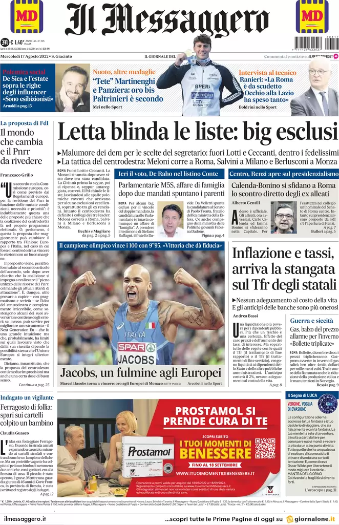 Prime pagine giornali 17 agosto 2022. Conte: lavorare meno, 36 ore per tutti