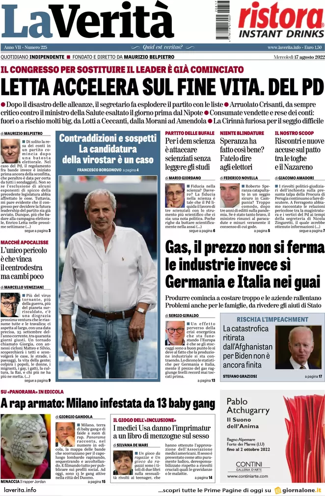 Prime pagine giornali 17 agosto 2022. Conte: lavorare meno, 36 ore per tutti