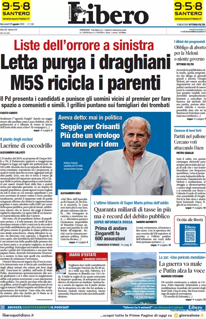 Prime pagine giornali 17 agosto 2022. Conte: lavorare meno, 36 ore per tutti