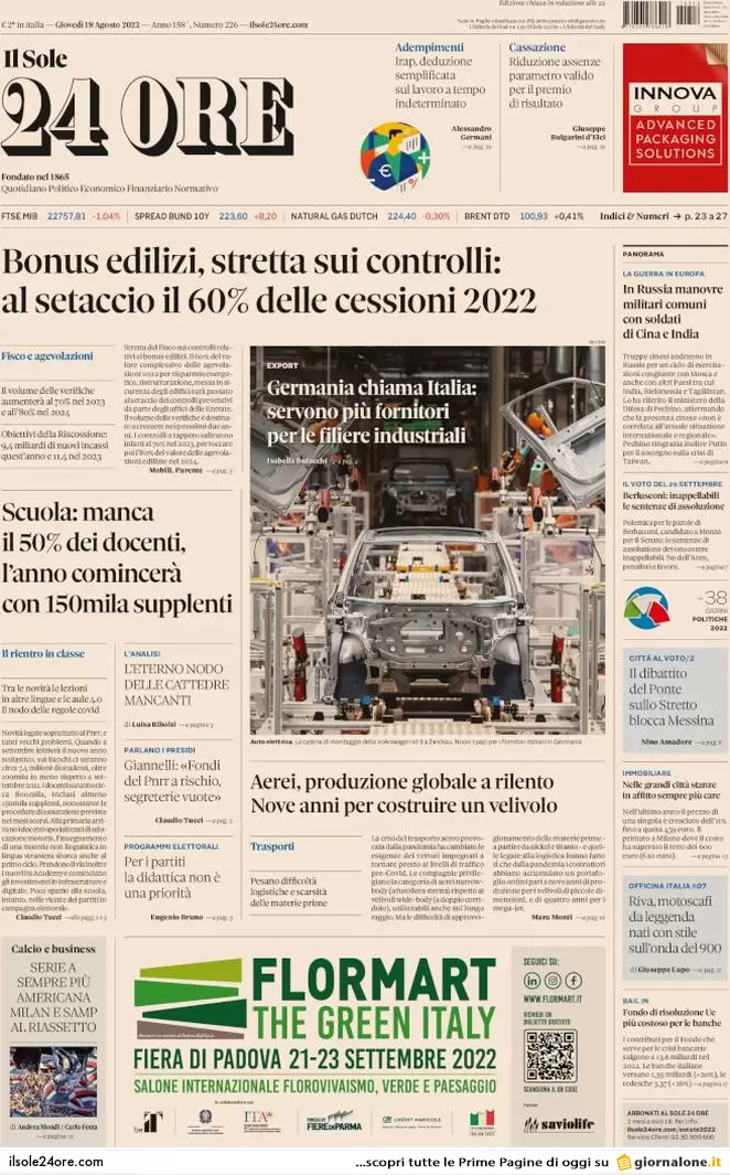 Prime pagine giornali 18 agosto 2022. Caso Crisanti, il Covid contagia le urne Prime pagine giornali 18 agosto 2022. Caso Crisanti, il Covid contagia le urne