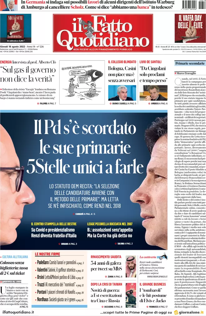 Prime pagine giornali 18 agosto 2022. Caso Crisanti, il Covid contagia le urne Prime pagine giornali 18 agosto 2022. Caso Crisanti, il Covid contagia le urne