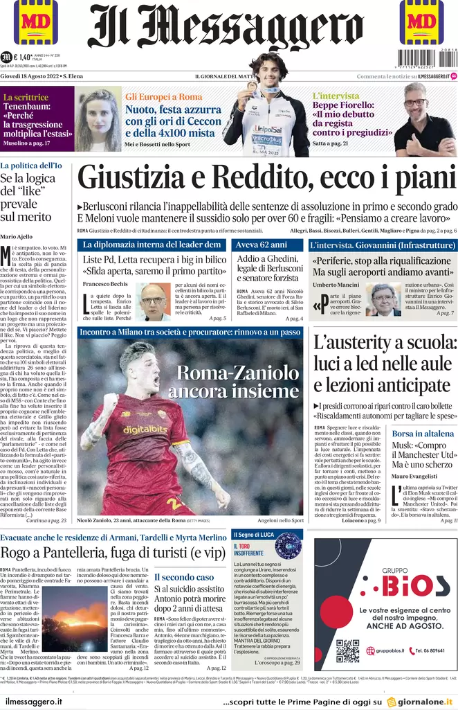 Prime pagine giornali 18 agosto 2022. Caso Crisanti, il Covid contagia le urne Prime pagine giornali 18 agosto 2022. Caso Crisanti, il Covid contagia le urne