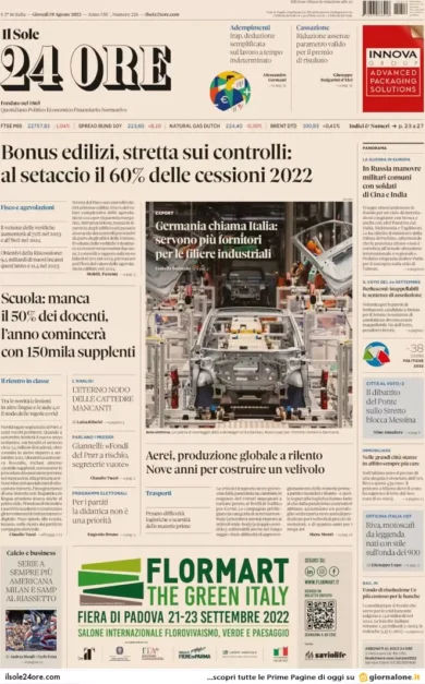 Prime pagine giornali economici 18 agosto. Bonus edilizi, controlli a tappeto