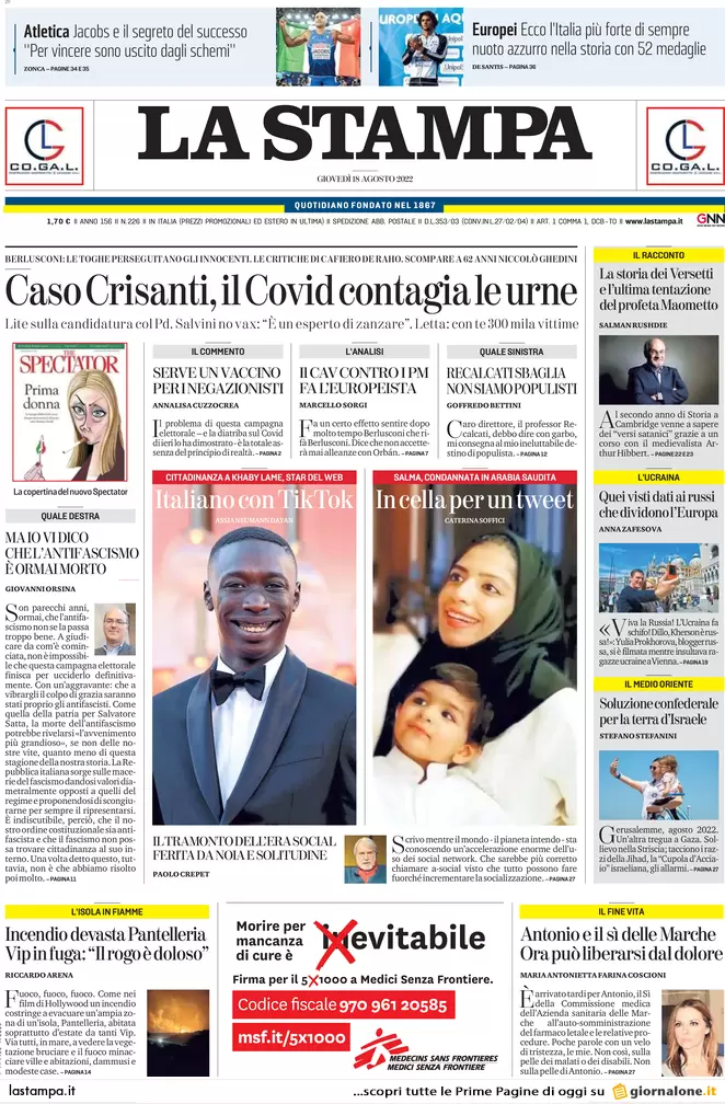 Prime pagine giornali 18 agosto 2022. Caso Crisanti, il Covid contagia le urne Prime pagine giornali 18 agosto 2022. Caso Crisanti, il Covid contagia le urne