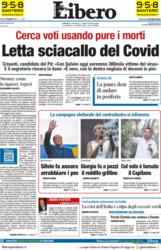 Prime pagine giornali 18 agosto 2022. Caso Crisanti, il Covid contagia le urne Prime pagine giornali 18 agosto 2022. Caso Crisanti, il Covid contagia le urne