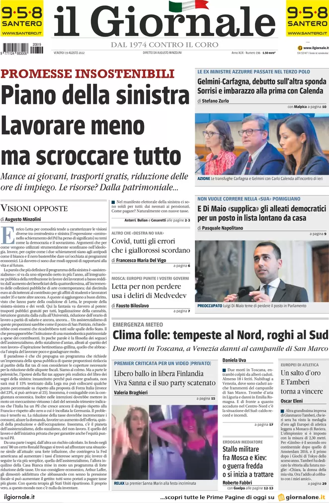 Prime pagine giornali 19 agosto 2022. Il ricatto russo agita il voto in Italia