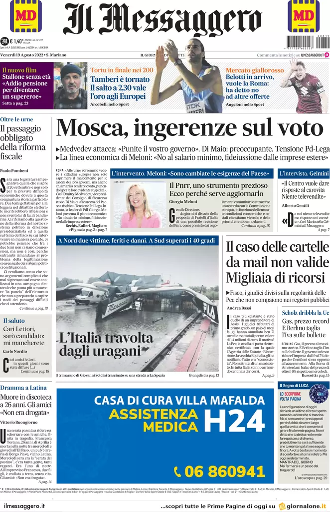 Prime pagine giornali 19 agosto 2022. Il ricatto russo agita il voto in Italia
