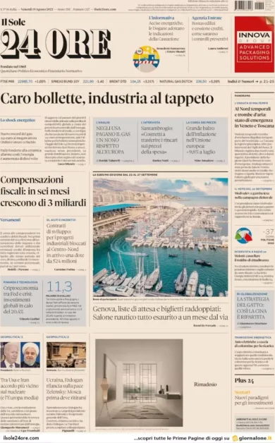Prime pagine giornali economici 19 agosto. Caro energia, industrie al tappeto