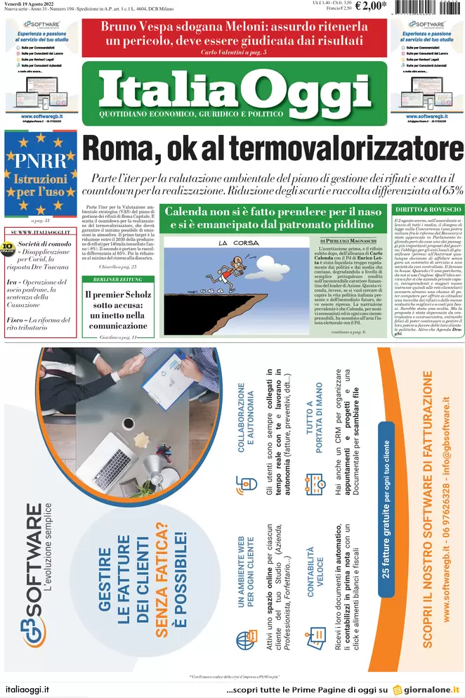 Prime pagine giornali economici 19 agosto. Caro energia, industrie al tappeto