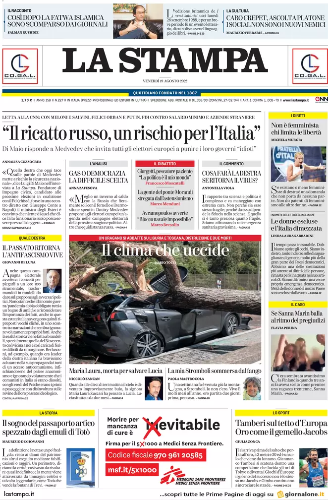 Prime pagine giornali 19 agosto 2022. Il ricatto russo agita il voto in Italia