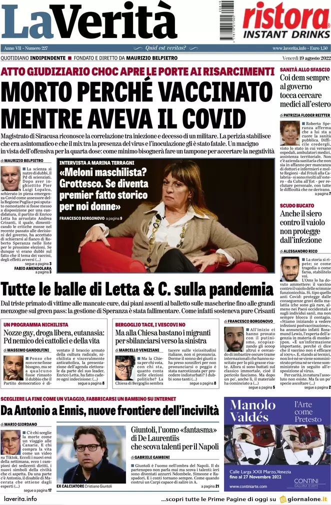 Prime pagine giornali 19 agosto 2022. Il ricatto russo agita il voto in Italia