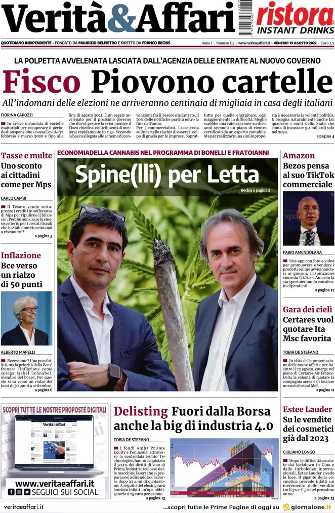 Prime pagine giornali economici 19 agosto. Caro energia, industrie al tappeto