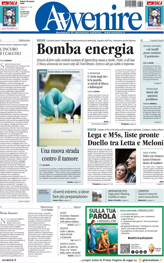 Prime pagine giornali 20 agosto 2022. Bomba energia ed effetto Suburra sul Pd
