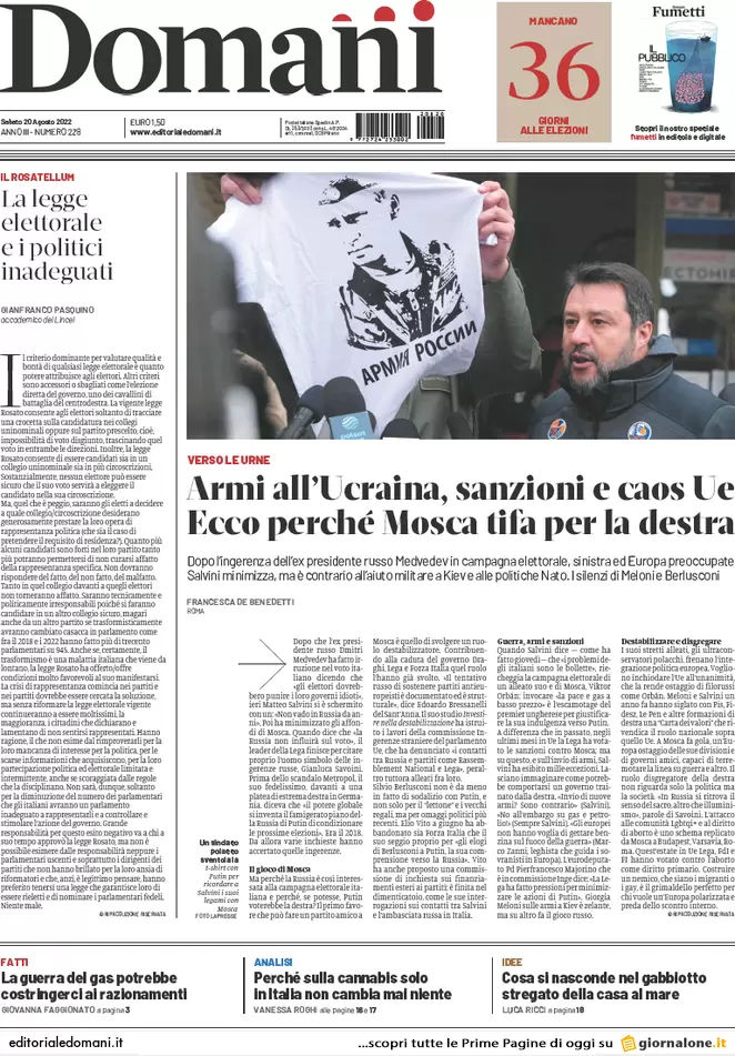 Prime pagine giornali 20 agosto 2022. Bomba energia ed effetto Suburra sul Pd