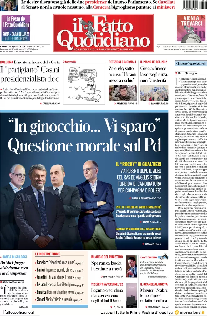 Prime pagine giornali 20 agosto 2022. Bomba energia ed effetto Suburra sul Pd