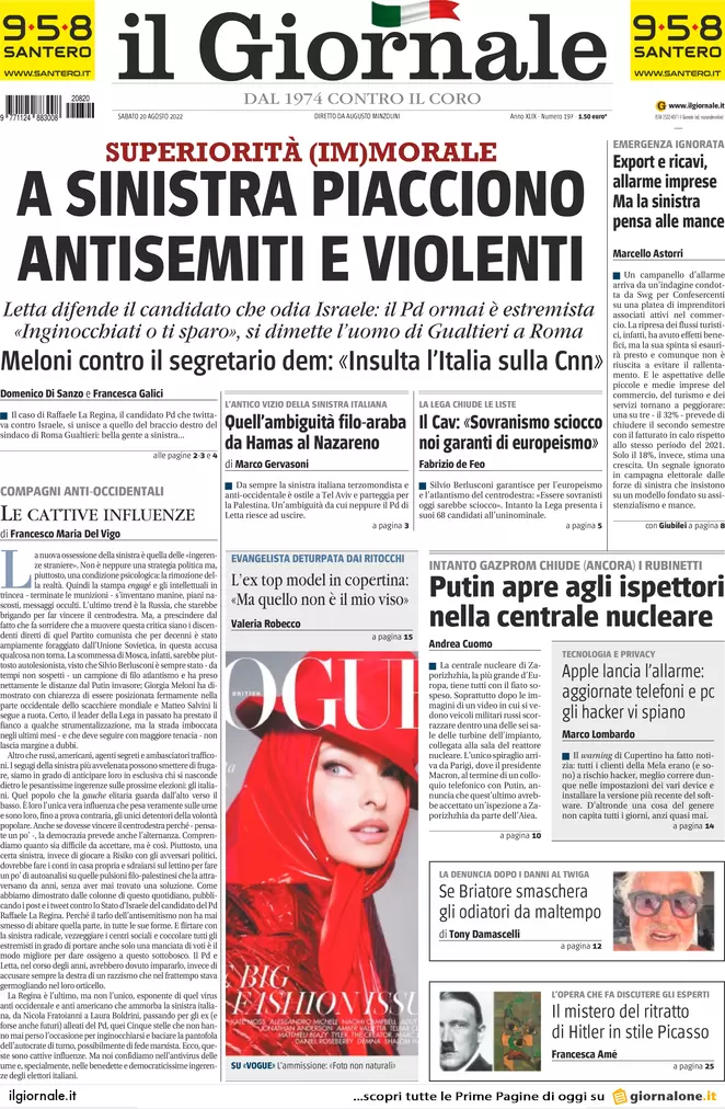 Prime pagine giornali 20 agosto 2022. Bomba energia ed effetto Suburra sul Pd