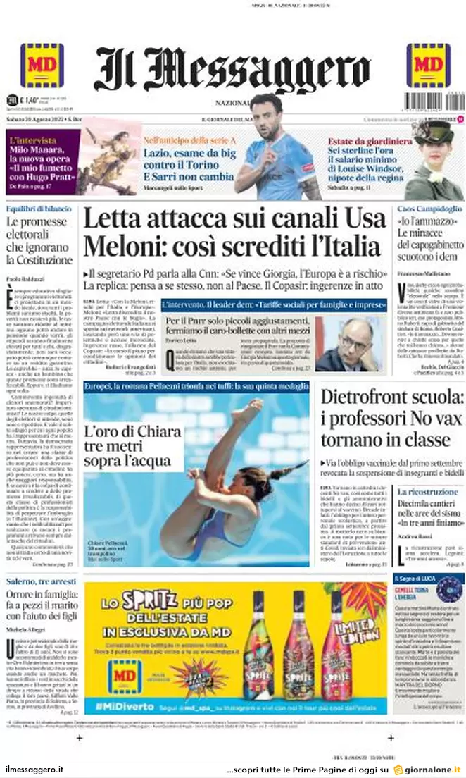 Prime pagine giornali 20 agosto 2022. Bomba energia ed effetto Suburra sul Pd