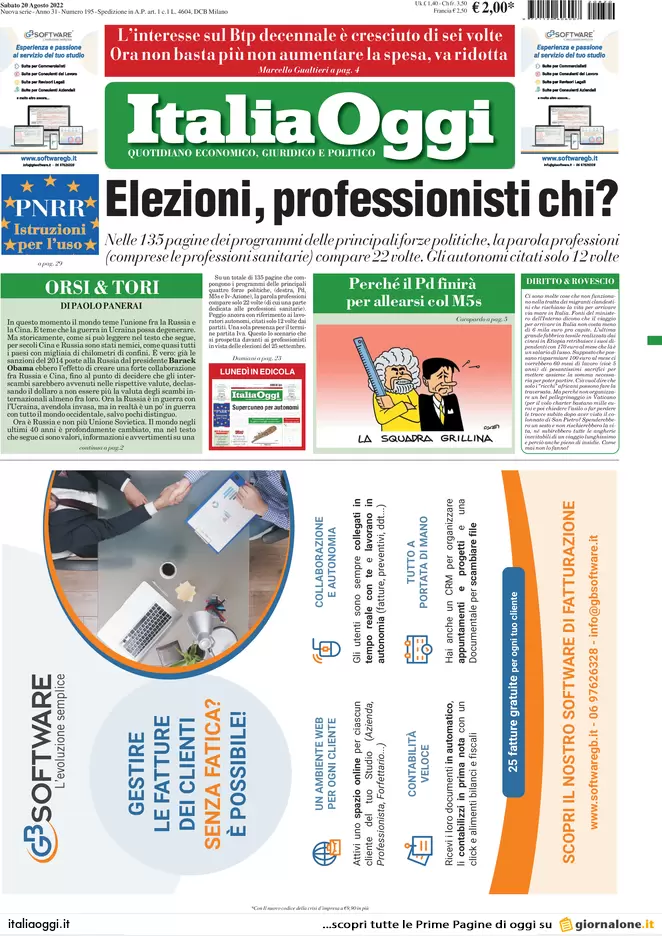 Prime pagine giornali economici 20 agosto. Clima, fermi 4 mld. Stop inflazione
