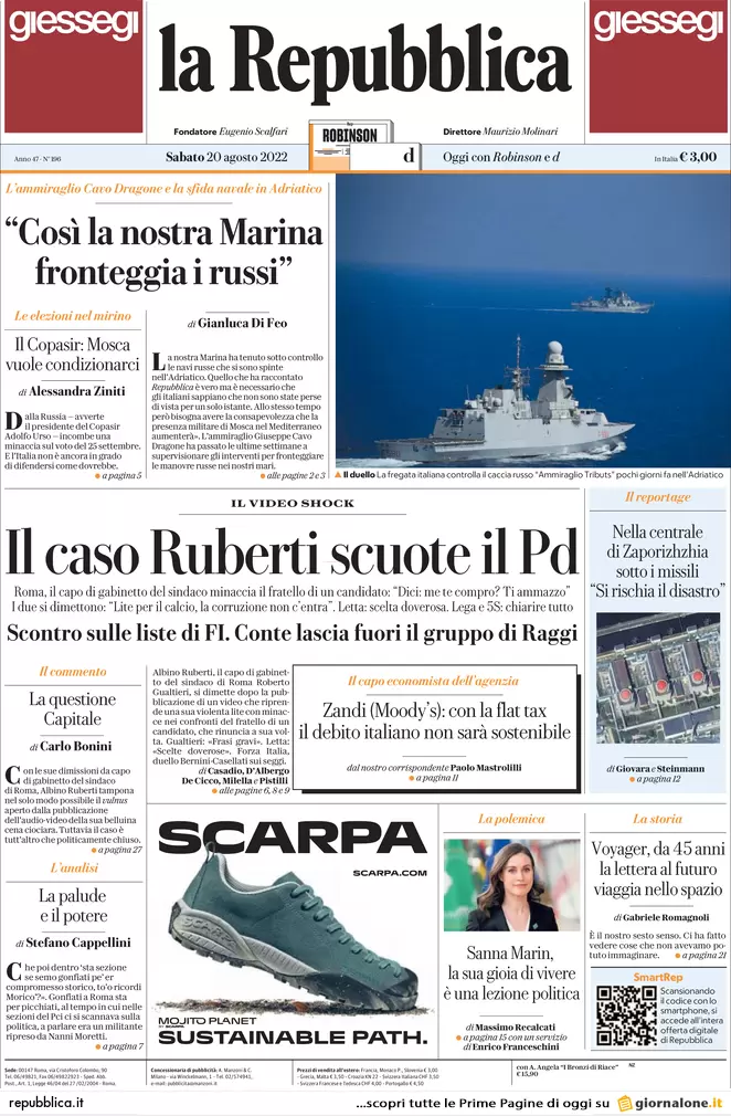 Prime pagine giornali 20 agosto 2022. Bomba energia ed effetto Suburra sul Pd