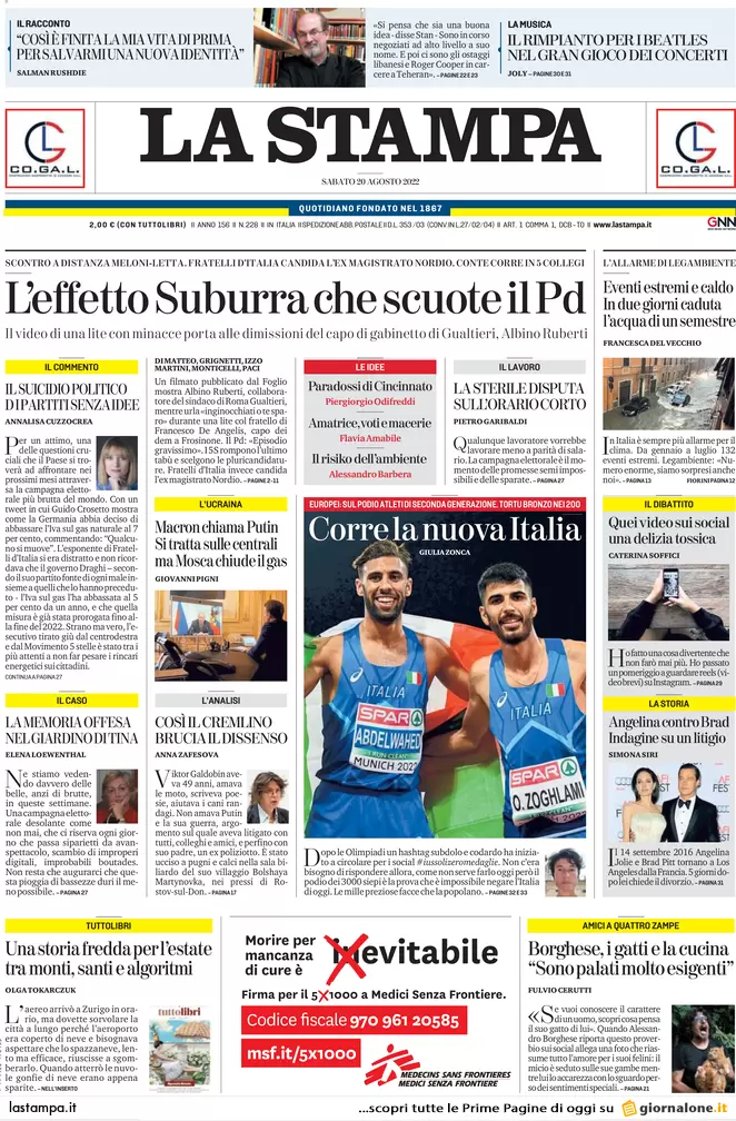Prime pagine giornali 20 agosto 2022. Bomba energia ed effetto Suburra sul Pd