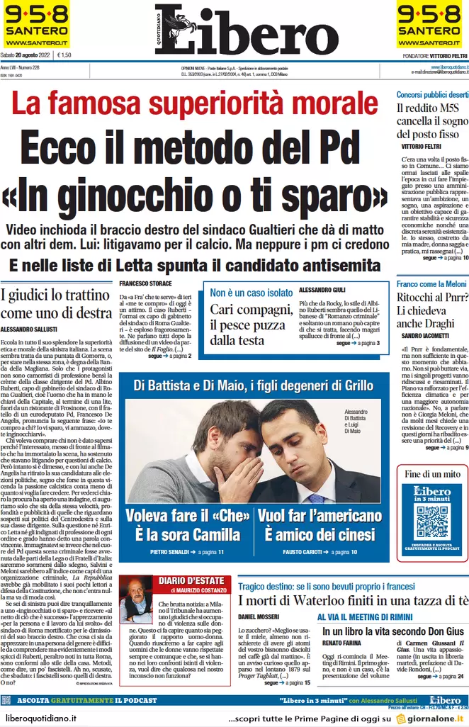 Prime pagine giornali 20 agosto 2022. Bomba energia ed effetto Suburra sul Pd