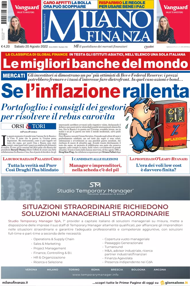 Prime pagine giornali economici 20 agosto. Clima, fermi 4 mld. Stop inflazione