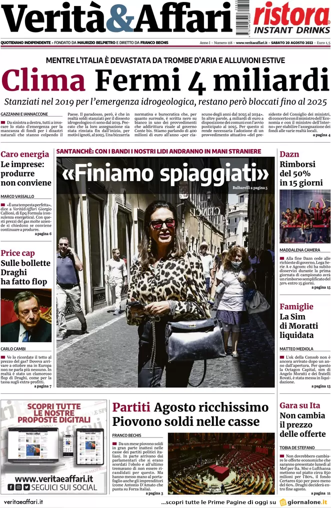 Prime pagine giornali economici 20 agosto. Clima, fermi 4 mld. Stop inflazione