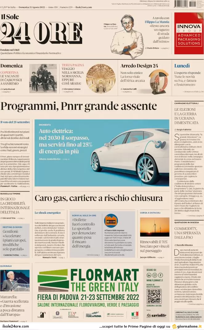 Prime pagine giornali 21 agosto 2022. Silenzio della Chiesa e bollette record