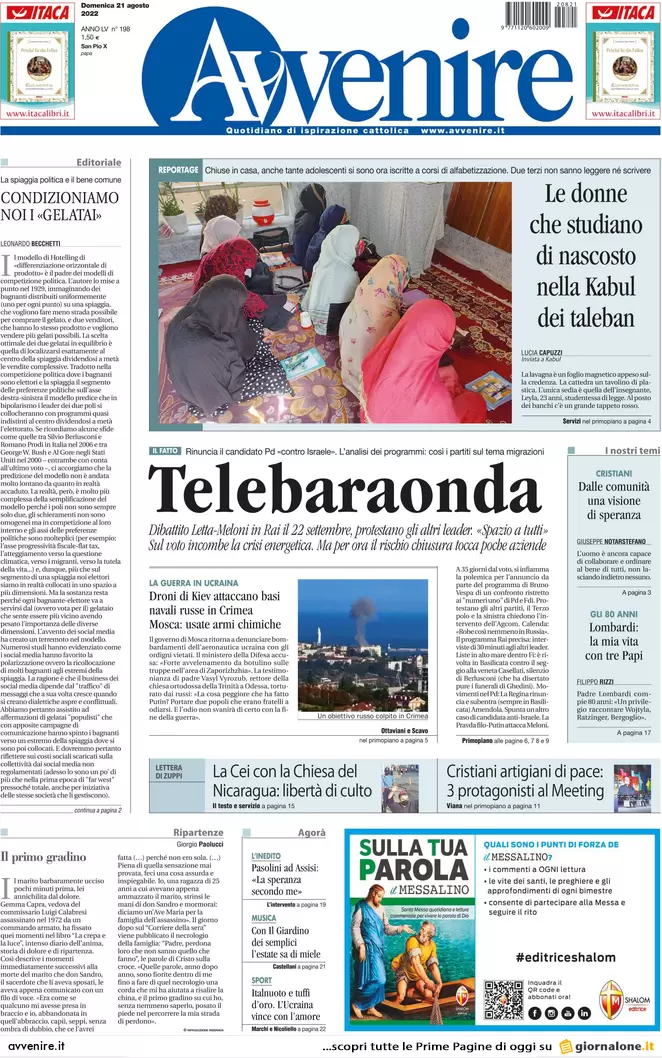 Prime pagine giornali 21 agosto 2022. Silenzio della Chiesa e bollette record