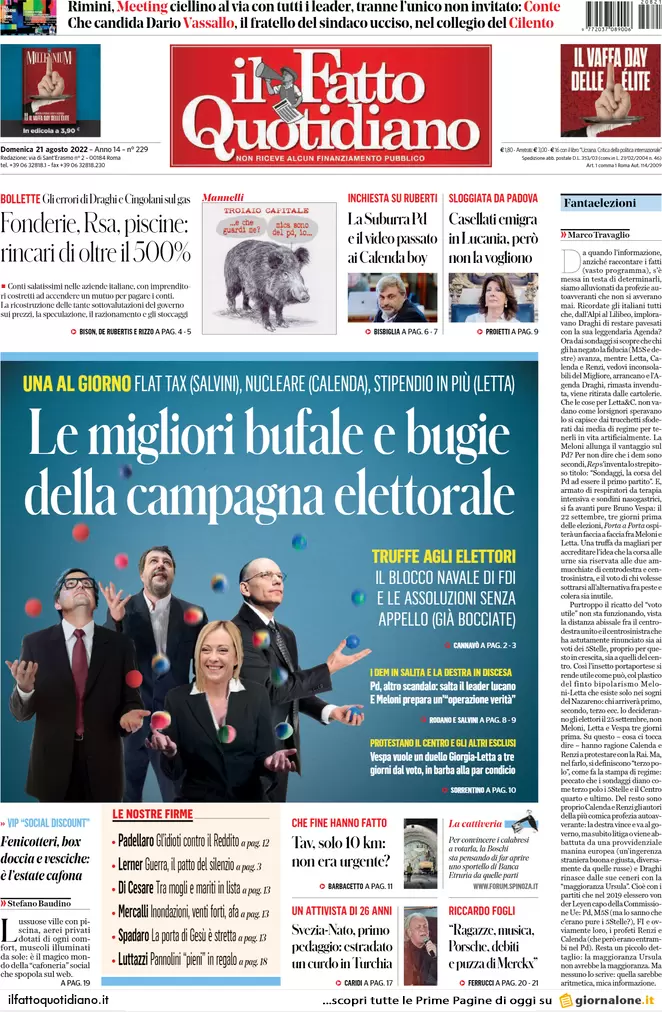 Prime pagine giornali 21 agosto 2022. Silenzio della Chiesa e bollette record