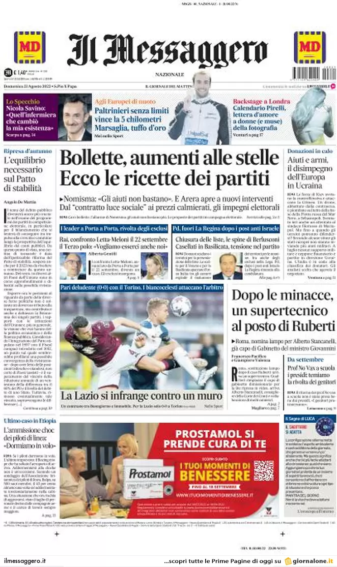Prime pagine giornali 21 agosto 2022. Silenzio della Chiesa e bollette record
