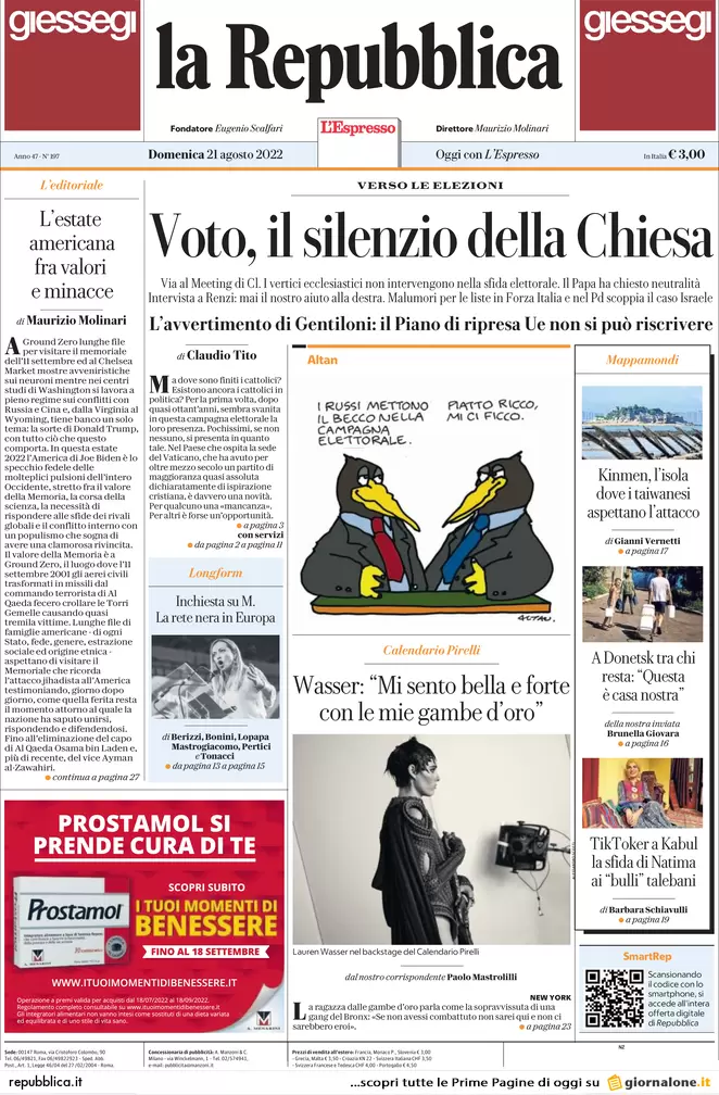 Prime pagine giornali 21 agosto 2022. Silenzio della Chiesa e bollette record