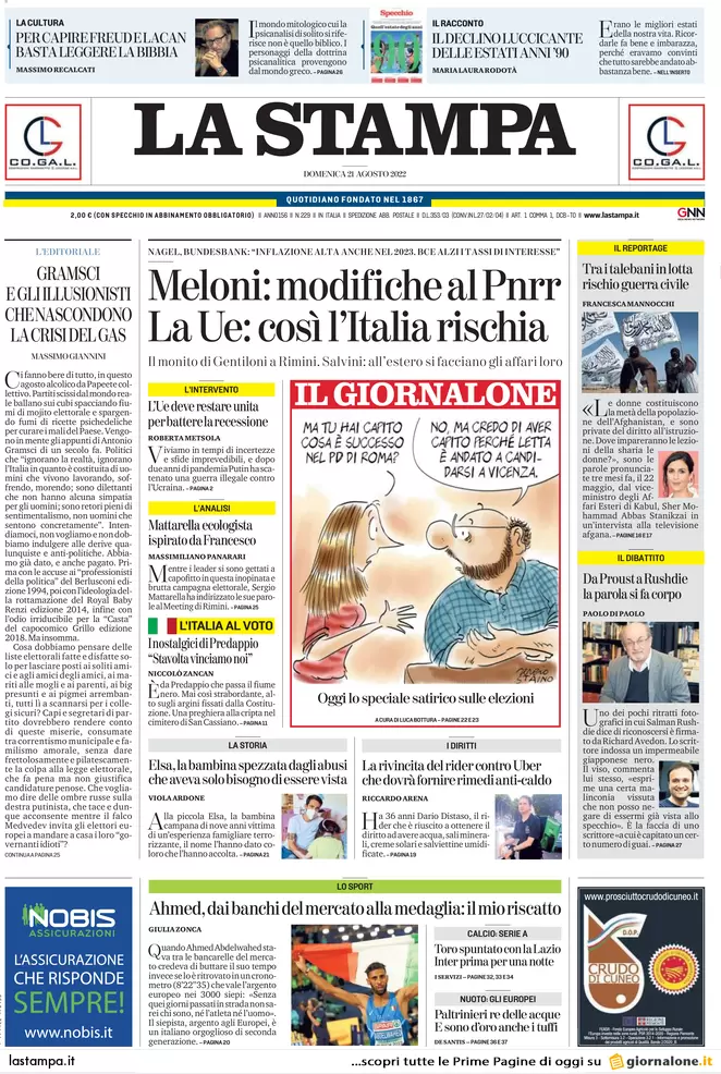Prime pagine giornali 21 agosto 2022. Silenzio della Chiesa e bollette record