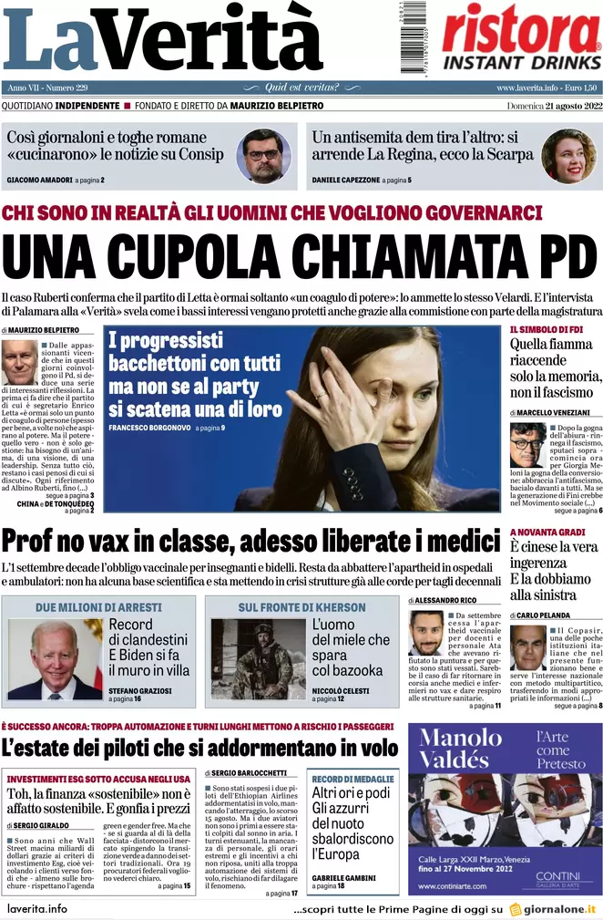 Prime pagine giornali 21 agosto 2022. Silenzio della Chiesa e bollette record