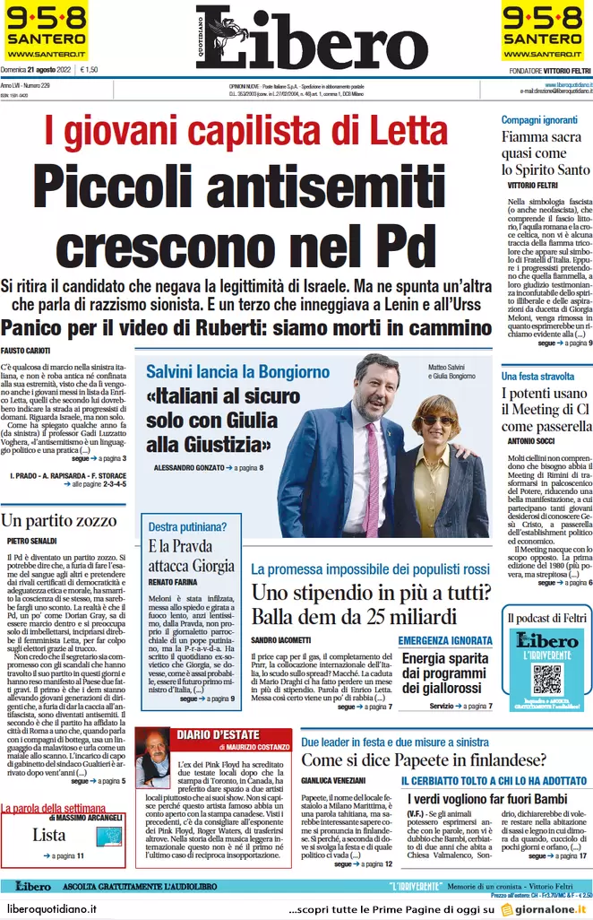 Prime pagine giornali 21 agosto 2022. Silenzio della Chiesa e bollette record