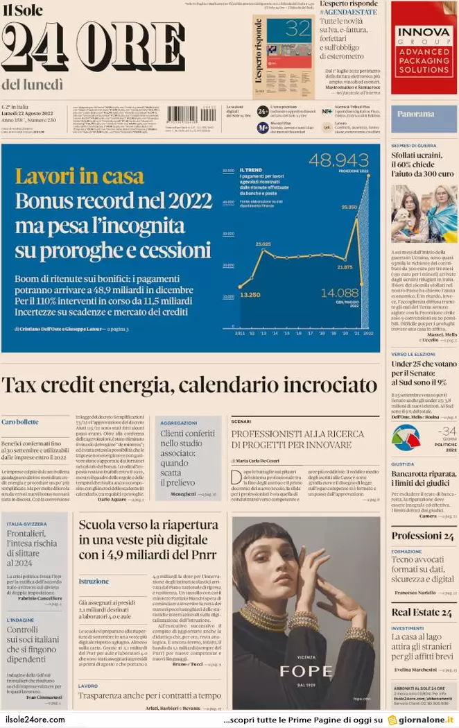 Prime pagine giornali 22 agosto 2022. Elezioni, rivolte e veleni: le liste