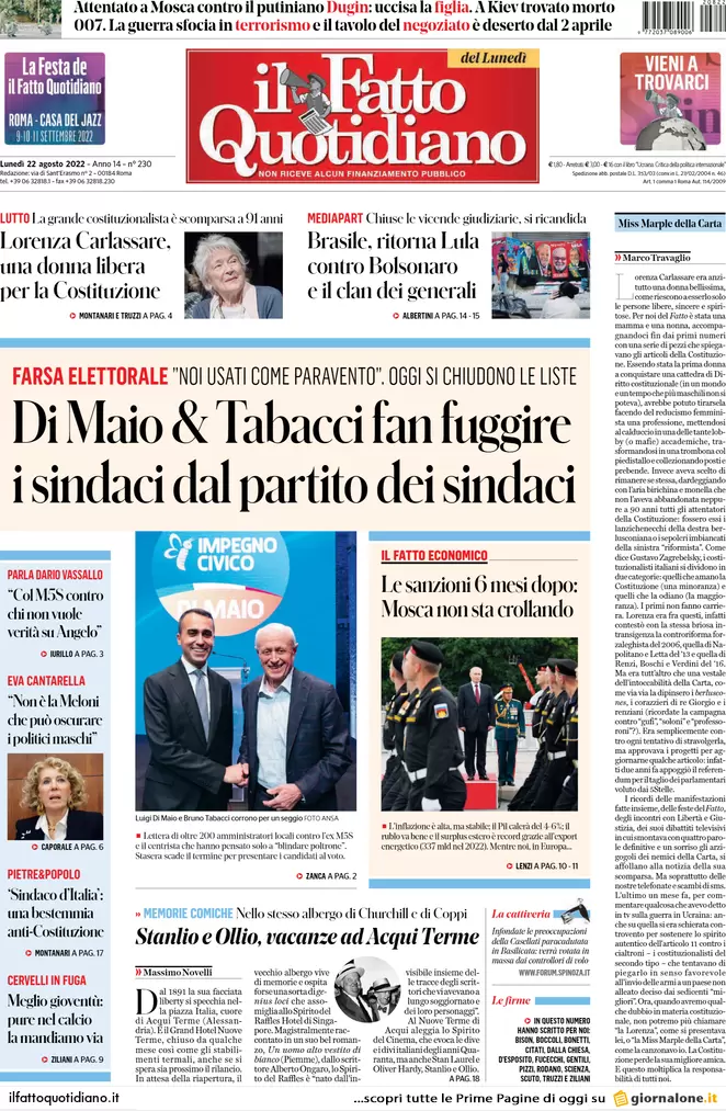 Prime pagine giornali 22 agosto 2022. Elezioni, rivolte e veleni: le liste