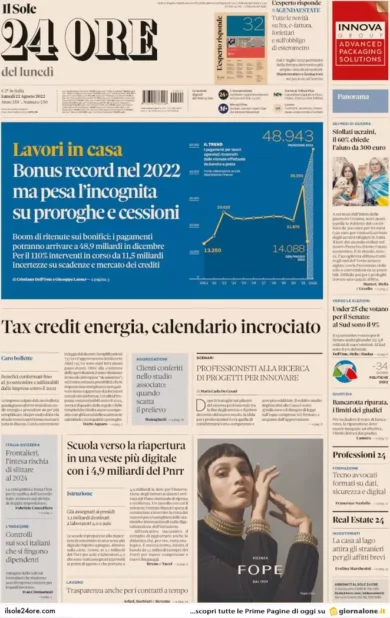 Prime pagine giornali economici 22 agosto. Fisco, 40mld subito: vacanze finite