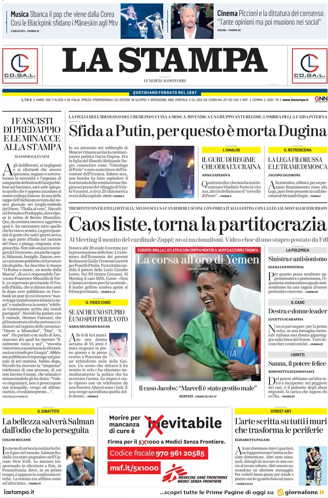 Prime pagine giornali 22 agosto 2022. Elezioni, rivolte e veleni: le liste