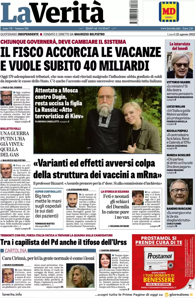 Prime pagine giornali 22 agosto 2022. Elezioni, rivolte e veleni: le liste