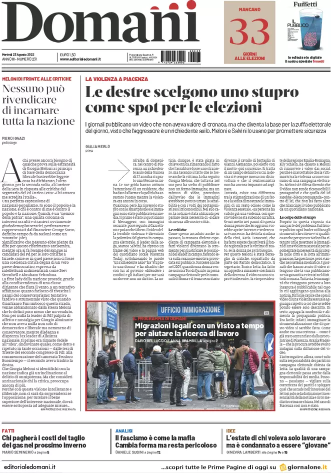 Prime pagine giornali 23 agosto 2022. Chiuse le liste, l’ira degli esclusi